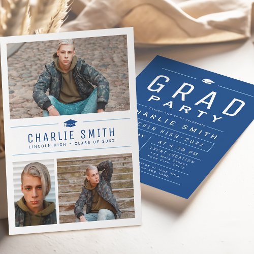 Blue Modern Simple Typography 3 Photo Graduation Invitation