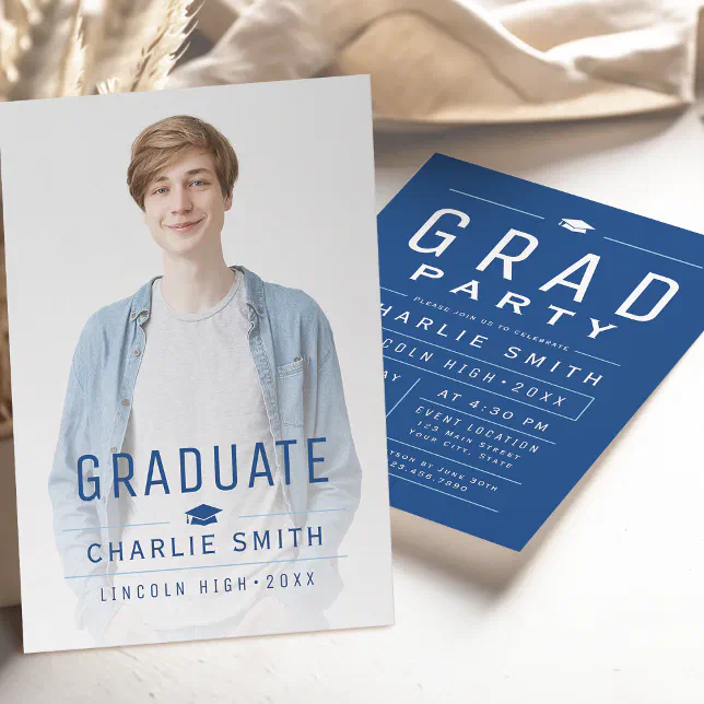 Blue Modern Simple Typography Photo Graduation Invitation | Zazzle