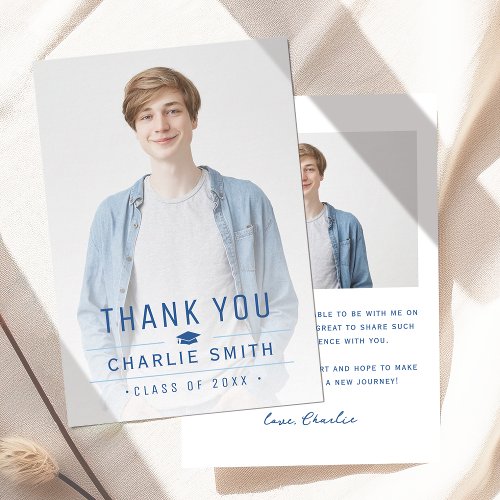 Blue Modern Simple Typography Photo Graduation  Thank You Card