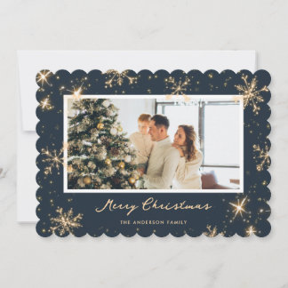 Blue Modern Snowflake Photo Merry Christmas Card