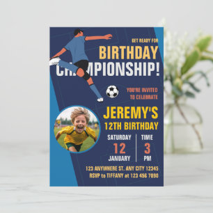 Blue Modern Soccer Kids Birthday Championship Invitation