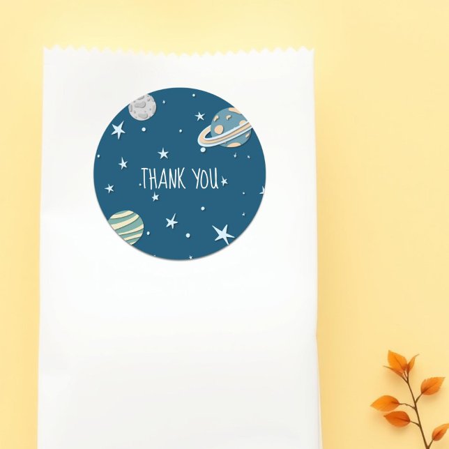 Blue Modern Space Planets Stars Thank You  Classic Round Sticker (Creator Uploaded)