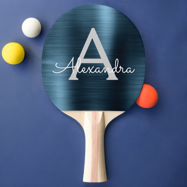 Blue Modern Sports Metallic Foil Monogram Ping Pong Paddle (Creator Uploaded)