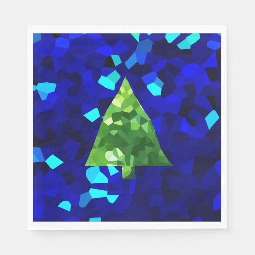 Blue Modern Stained Glass Holiday Christmas Tree Paper Napkins