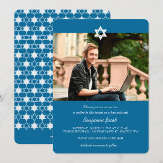 Blue Modern Stars Of David Bar Mitzvah Photo Invitation