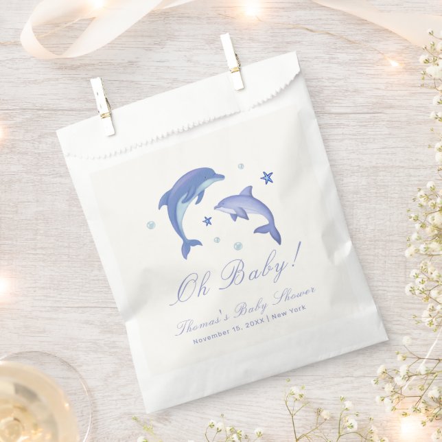 Blue Modern Summer Dolphin Stars Baby Shower  Favor Bag (Clipped)