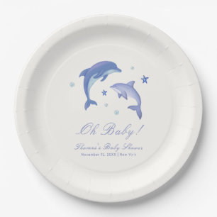 Blue Modern Summer Dolphin Stars Baby Shower  Paper Plates
