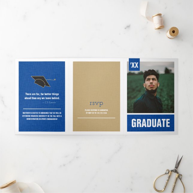 Blue Modern Textured Photo Graduation Tri-Fold Invitation (Outside)