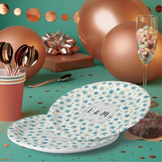 Blue Modern tiny flowers  Paper Plates (Multi)