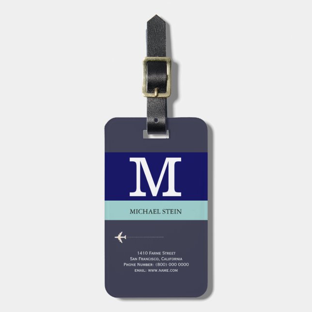 blue & modern travel monogram luggage tag (Front Vertical)