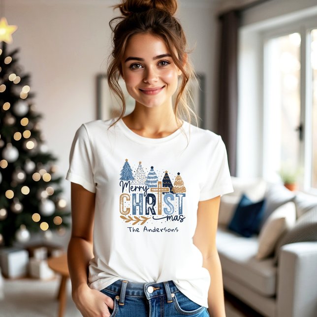 Blue Modern Trees Christian Jesus Christmas Name T-Shirt (Blue Modern Trees Christian Jesus Christmas Name T-Shirt)