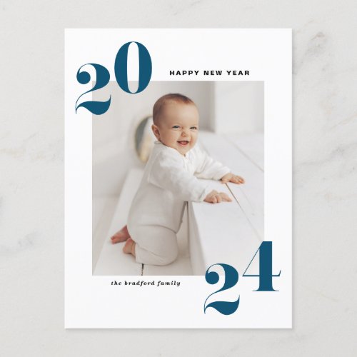Blue Modern Typography 2024 Happy New Year Holiday Postcard