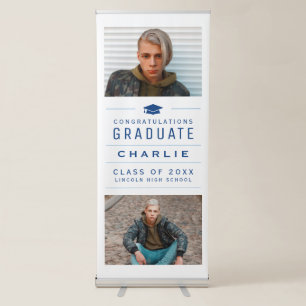 Blue Modern Typography 2 Photo Graduation Party Retractable Banner
