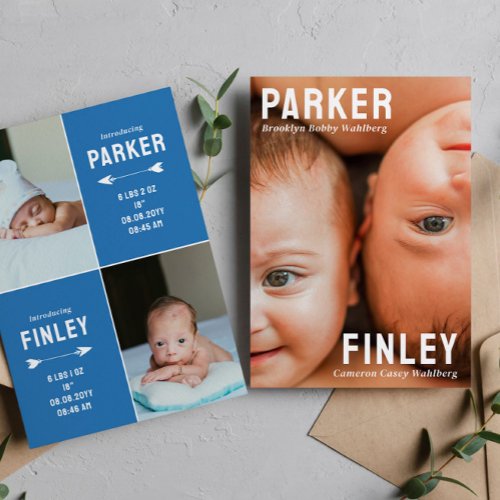 Blue Modern Typography Arrow Twin Boys Announcement