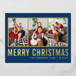 Blue Modern Typography Photo Collage Christmas Foil Holiday Postcard<br><div class="desc">Merry Christmas! Send warm wishes to your family and friends with this customizable Christmas photo collage postcard. It features modern simple typography. Personalize by adding three photos,  names,  year and other details. This gold foil Christmas postcard is available in other colors and cardstock.</div>