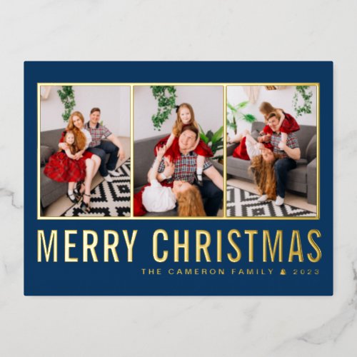 Blue Modern Typography Photo Collage Christmas Foil Holiday Postcard