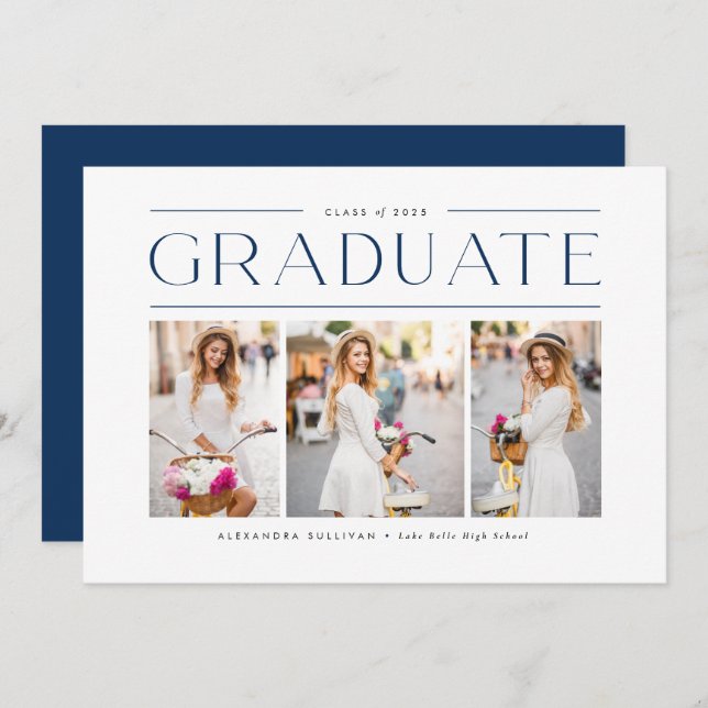 Blue Modern Typography Photo Collage Graduation Invitation (Front/Back)