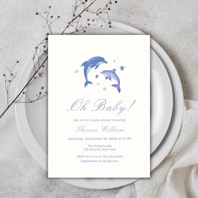 Blue Modern Under The Sea Dolphin Baby Shower Invitation (Blue Modern Under The Sea Dolphin Baby Shower Invitation)