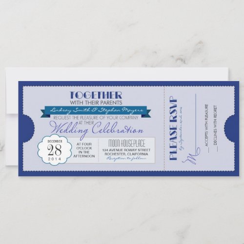 blue modern wedding ticket invitation