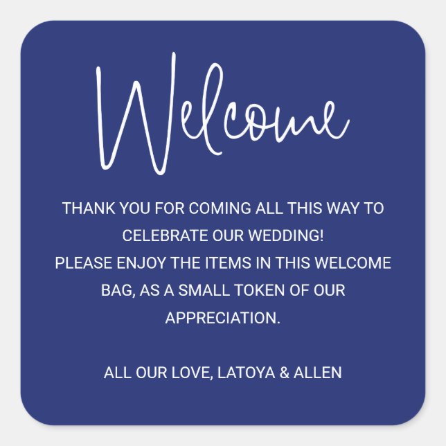 Blue Modern Wedding Welcome Gift Bag Basket Square Sticker (Front)