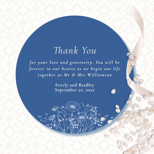 Blue Modern White Wildflower Wedding Thank You   Classic Round Sticker