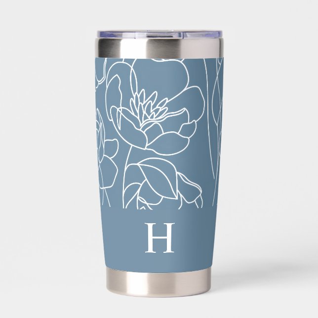Blue Modern Wildflower Monogram Name Insulated Tumbler (Front)