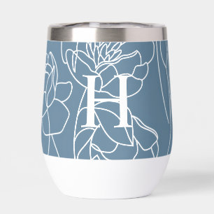 Blue Modern Wildflower Monogram Name Thermal Wine Tumbler