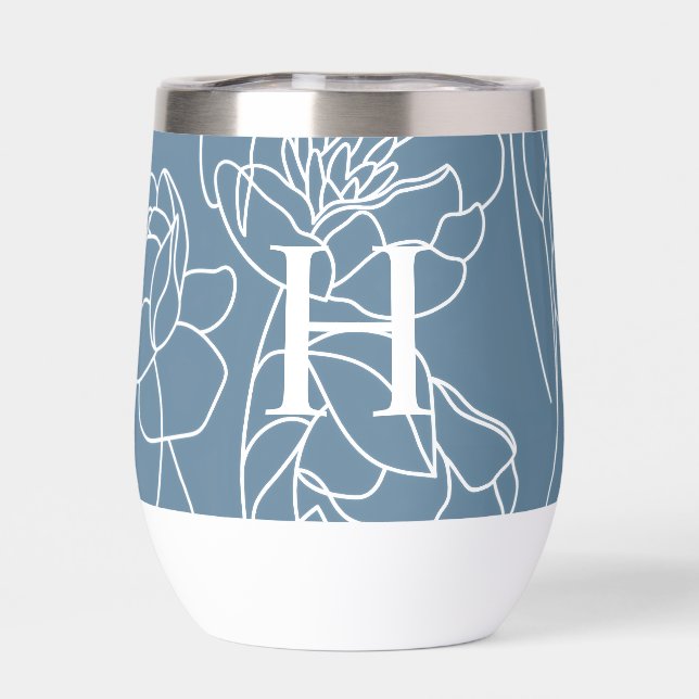 Blue Modern Wildflower Monogram Name Thermal Wine Tumbler (Back)