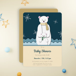 Blue Mom and Baby Polar Bear in Cave Baby Shower Invitation