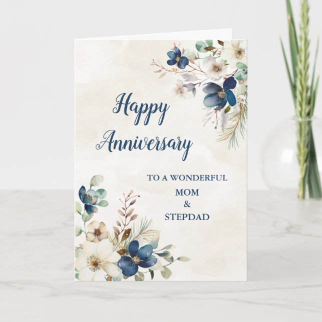 Blue Mom and Stepdad Wedding Anniversary Card (Front)