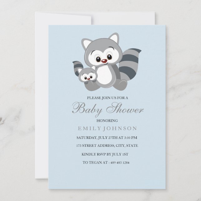 Blue Mom & Bub Racoon Boy Baby Shower Invitation (Front)