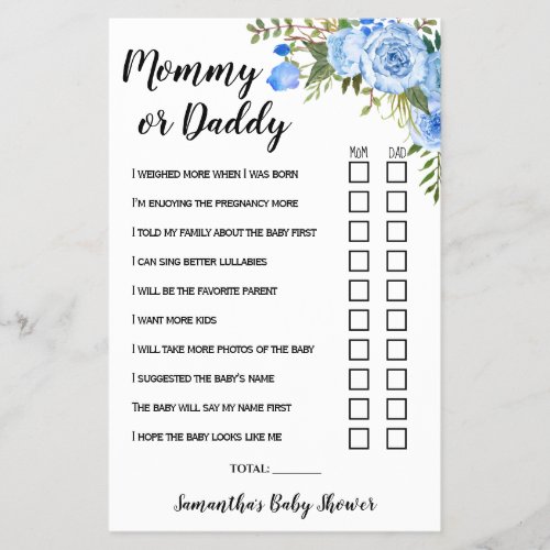 Blue Mom or Dad he she said Baby Shower Game Card Flyer