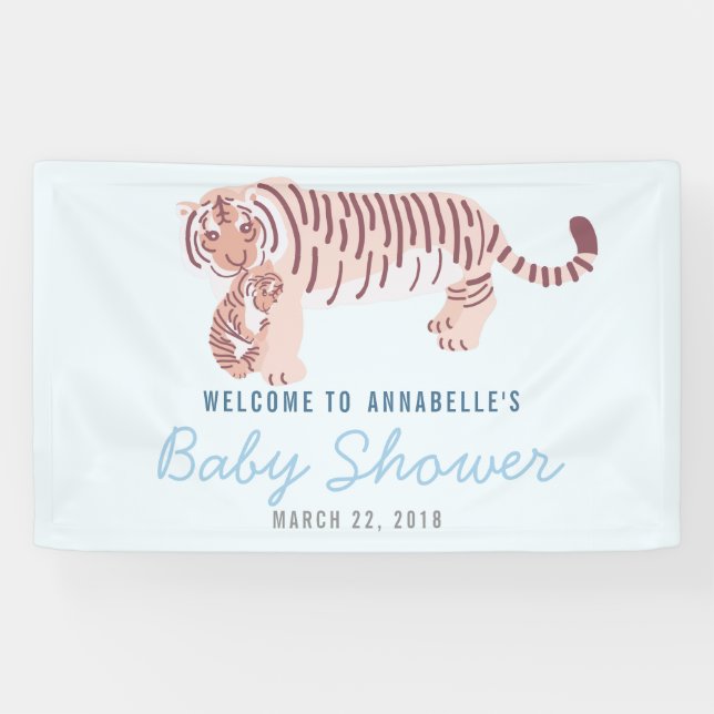 Blue Mom Tiger & Cub Baby Shower Banner (Horizontal)