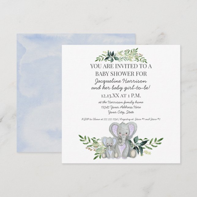 Blue Mommy n Baby Elephant w Foliage Boy Shower Invitation (Front/Back)