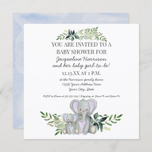 Blue Mommy n Baby Elephant w Foliage Boy Shower Invitation