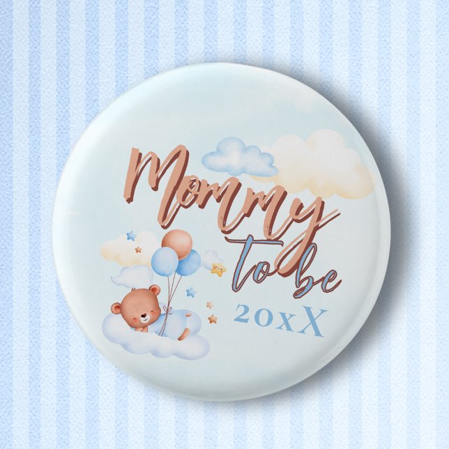 Blue Mommy to Be Teddy Bear Baby Shower Button (Creator Uploaded)