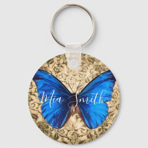 Blue Monarch butterfly damask personal name Keychain