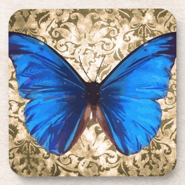 Blue Monarch butterfly damask Vintage art Beverage Coaster (Front)