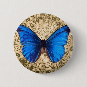 Blue Monarch butterfly damask Vintage art Button