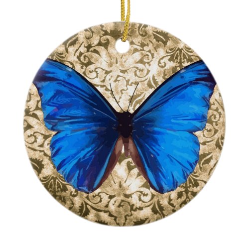 Blue Monarch butterfly damask Vintage art Ceramic Ornament