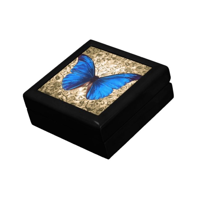 Blue Monarch butterfly damask Vintage art Jewelry Box (Side)