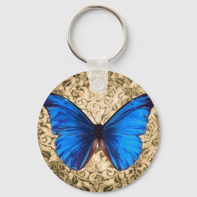 Blue Monarch butterfly damask Vintage art Keychain (Front)