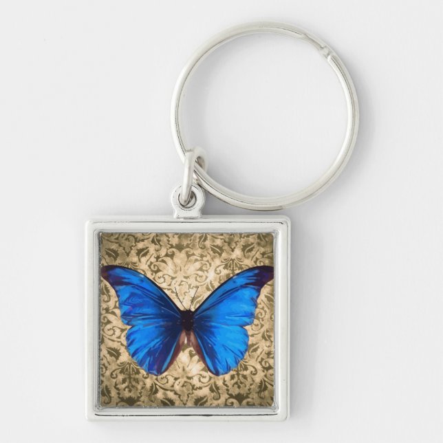 Blue Monarch butterfly damask Vintage art Keychain (Front)