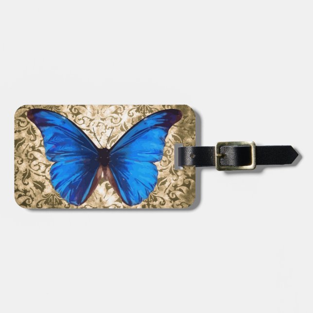 Blue Monarch butterfly damask Vintage art Luggage Tag (Front Horizontal)