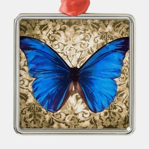 Blue Monarch butterfly damask Vintage art Metal Ornament