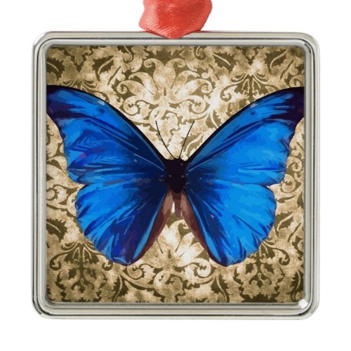 Blue Monarch butterfly damask Vintage art Metal Ornament