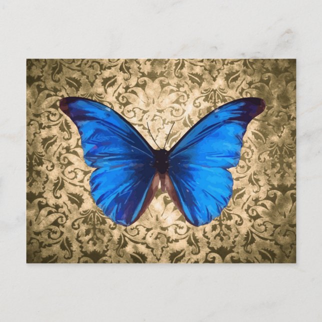 Blue Monarch butterfly damask Vintage art Postcard (Front)
