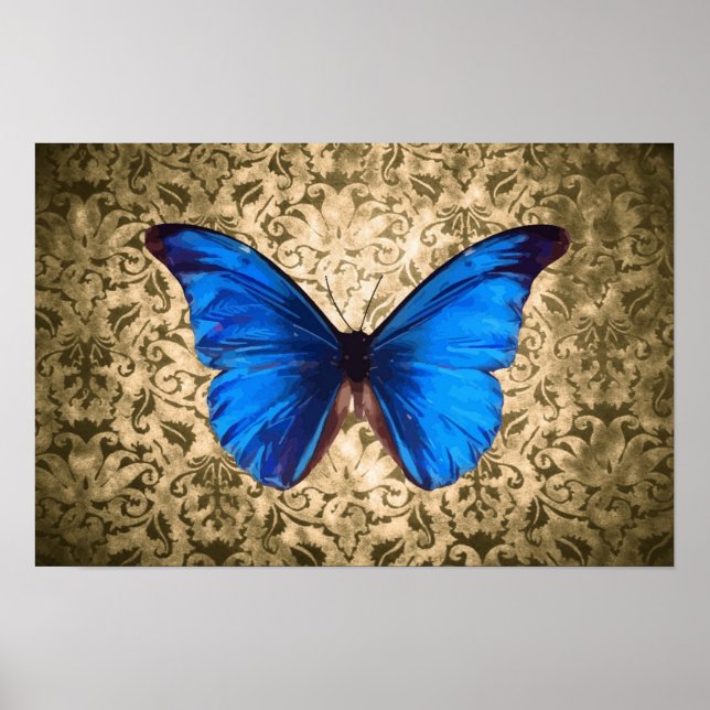 Blue Monarch butterfly damask vintage art Poster (Front)