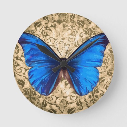 Blue Monarch butterfly damask Vintage art Round Clock