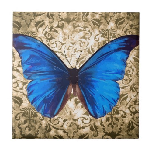 Blue Monarch butterfly damask Vintage art Tile